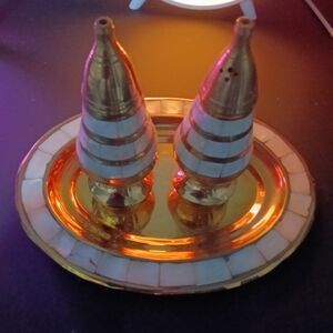 Mother of Pearl Gold and White Inlaid Salt and Pepper Shakers with Tray
